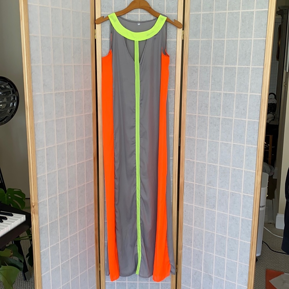 Grey Sheer Maxi Dress w/Neon Green & Orange